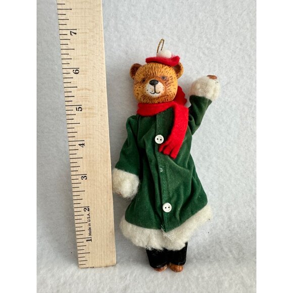 Enesco Porcelain Teddy Bear Green Coat Red Scarf Christmas 6” Ornament - Picture 7 of 7